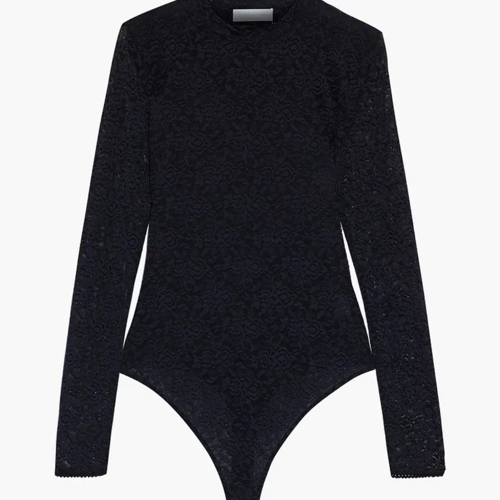 JONATHAN SIMKHAI Stretch Lace Bodysuit Long Sleeves in Semi Sheer Black Sz Small - Picture 3 of 11